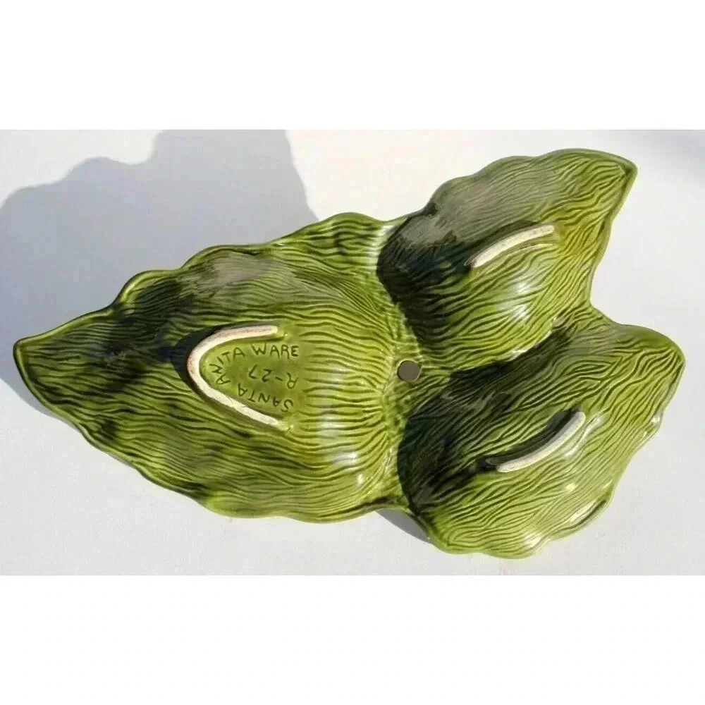 Vtg GREEN California Pottery Santa Anita Ware 3 Leaf Bowl Serving Dish W/ Handle